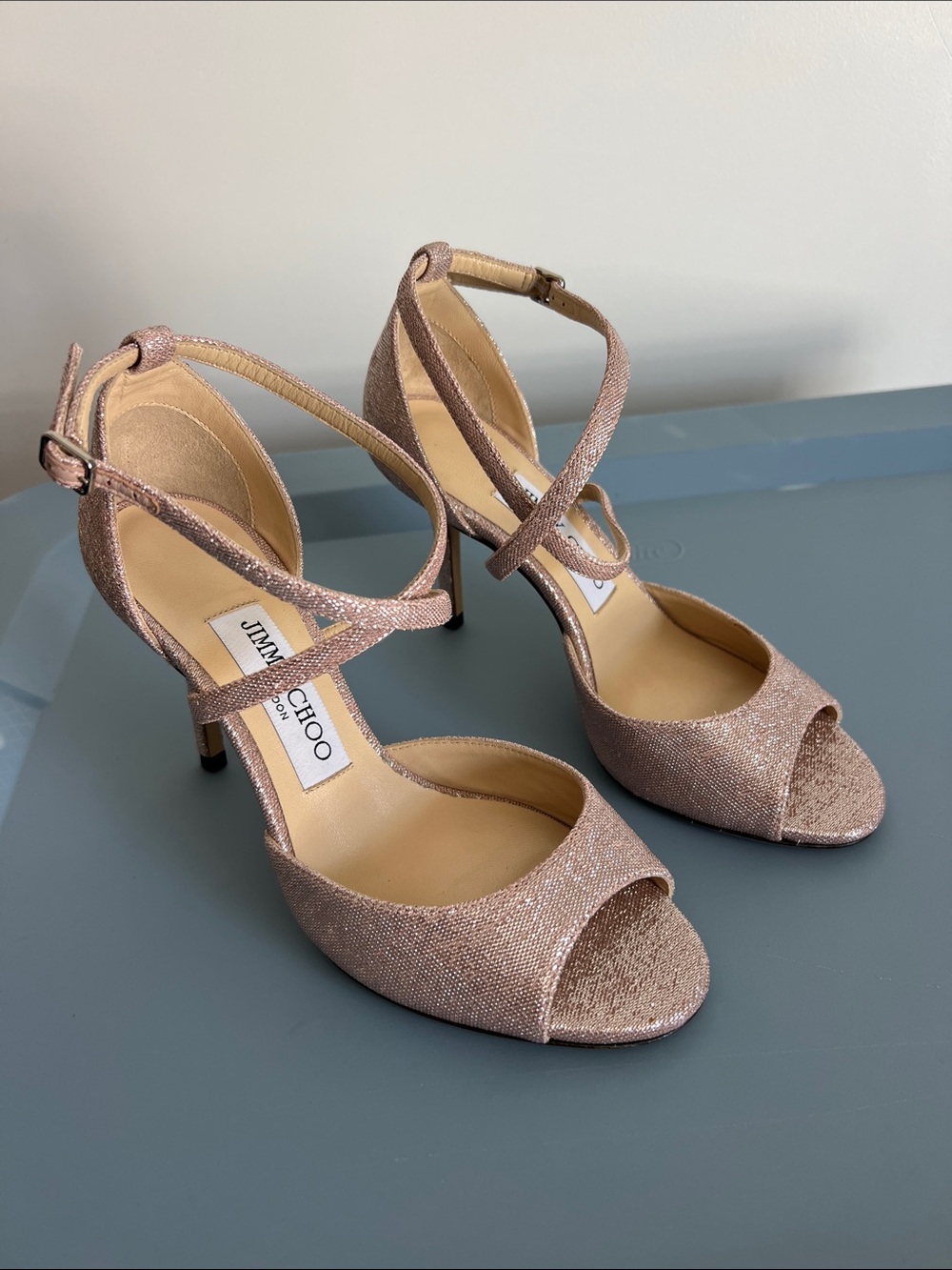 Jimmy Choo emsy glitter open toe sandals heels ballet light muted metallic pink